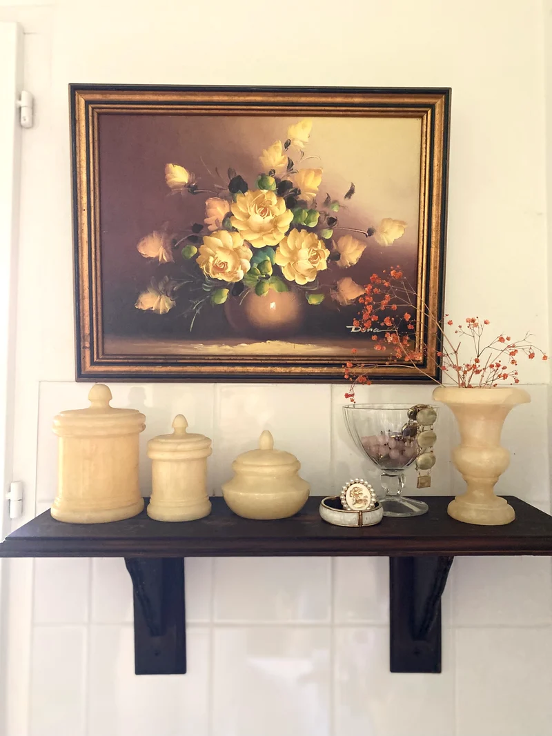 Ensemble de toilette Vintage en Albâtre véritable – 4 pièces – Années 70