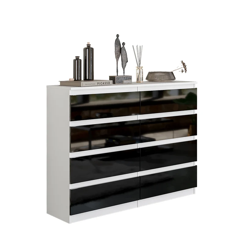 GABRIEL - Commode 8 Tiroirs - Buffet de Chevet - H92 cm L120 cm P33 cm (Blanc / Noir Brillant)