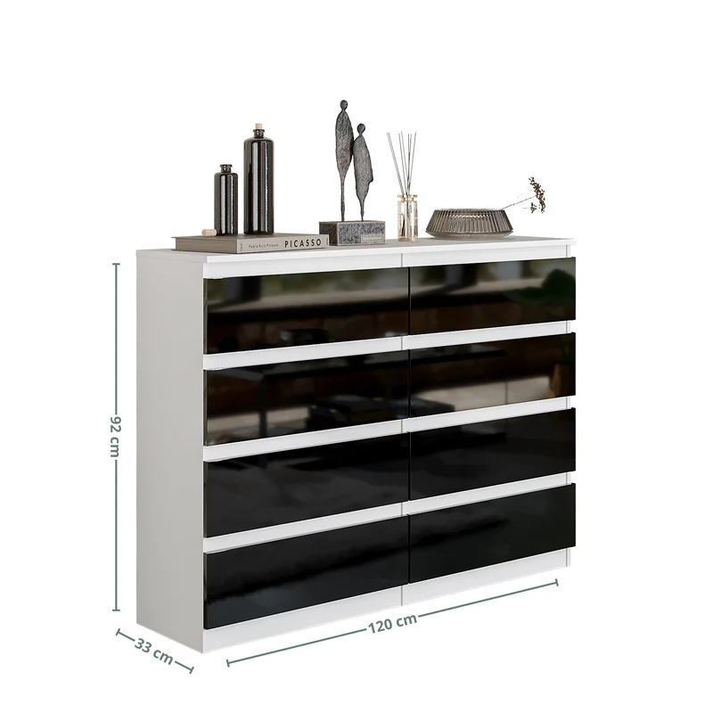GABRIEL - Commode 8 Tiroirs - Buffet de Chevet - H92 cm L120 cm P33 cm (Blanc / Noir Brillant)