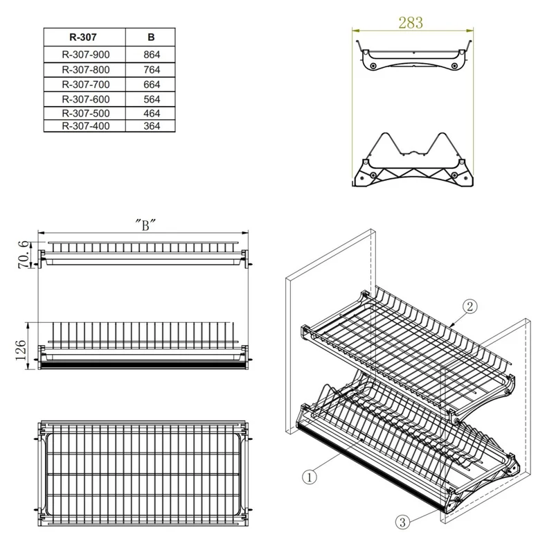 Plat égouttoir de séchage pour armoire de cuisine - Chrome 600mm