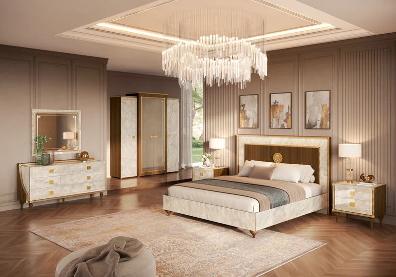 Armoire 4 portes miroir marbre noyer et or 24K - Romantica