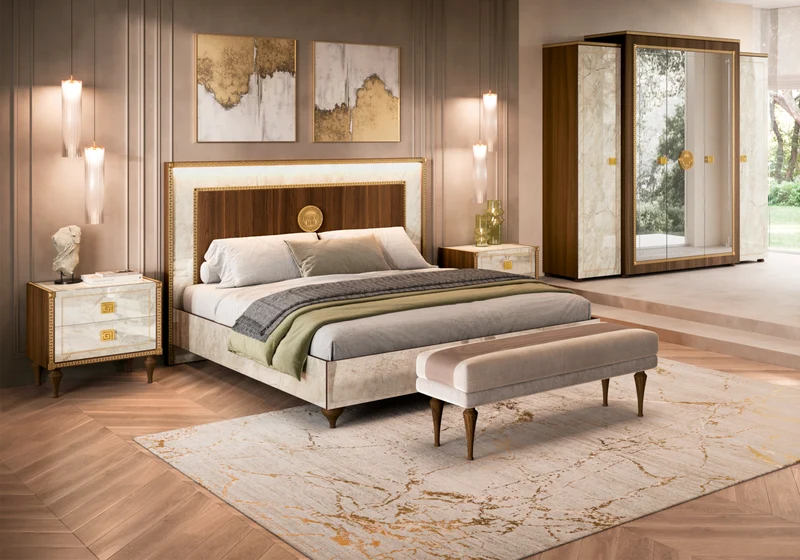 Armoire 5 portes miroir marbre noyer et or 24K - Romantica