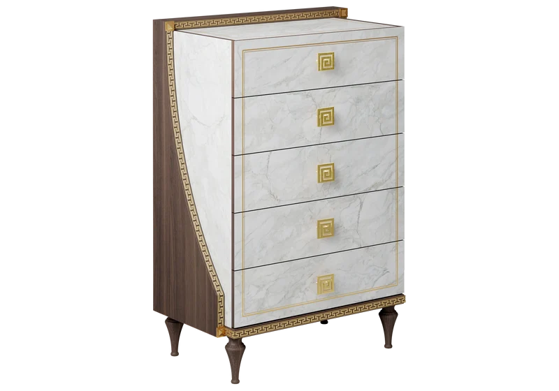Chiffonnier 5 tiroirs marbre noyer et or 24K - Romantica