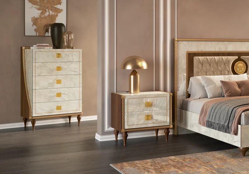 Chiffonnier 5 tiroirs marbre noyer et or 24K - Romantica