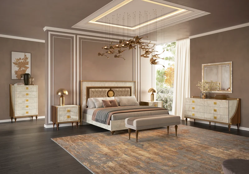 Chiffonnier 5 tiroirs marbre noyer et or 24K - Romantica