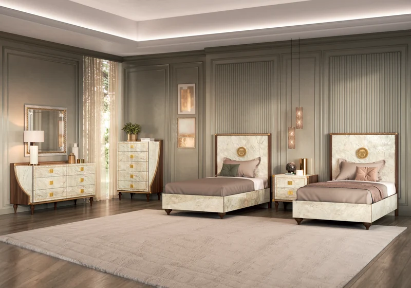 Chiffonnier 5 tiroirs marbre noyer et or 24K - Romantica