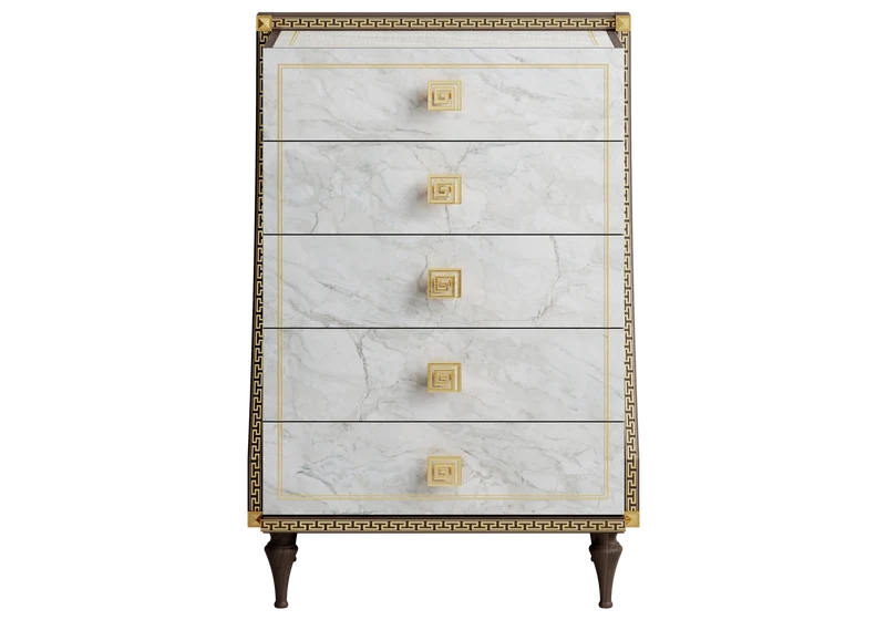 Chiffonnier 5 tiroirs marbre noyer et or 24K - Romantica