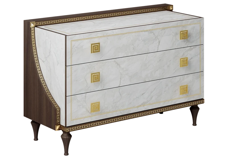 Commode 3 tiroirs marbre noyer et or 24K - Romantica