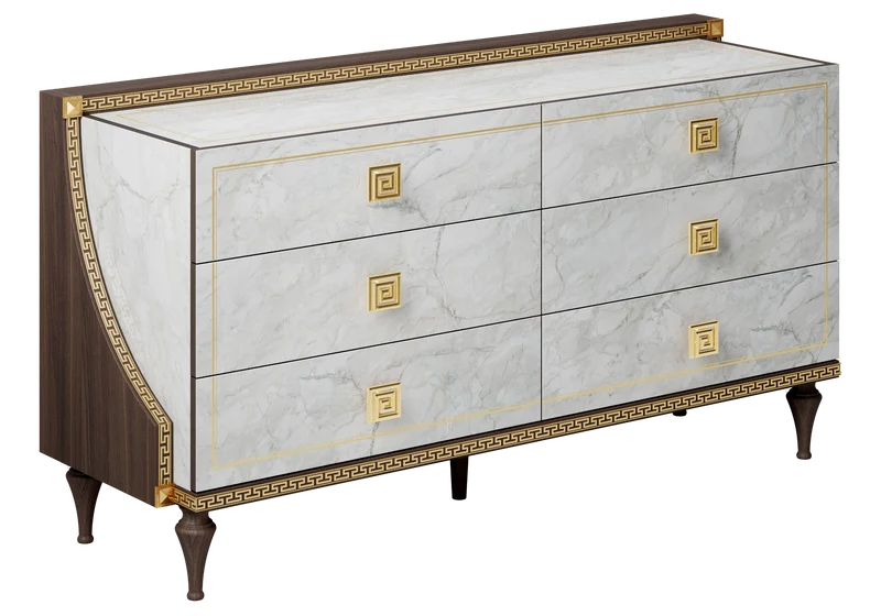 Commode 6 tiroirs marbre noyer et or 24K - Romantica