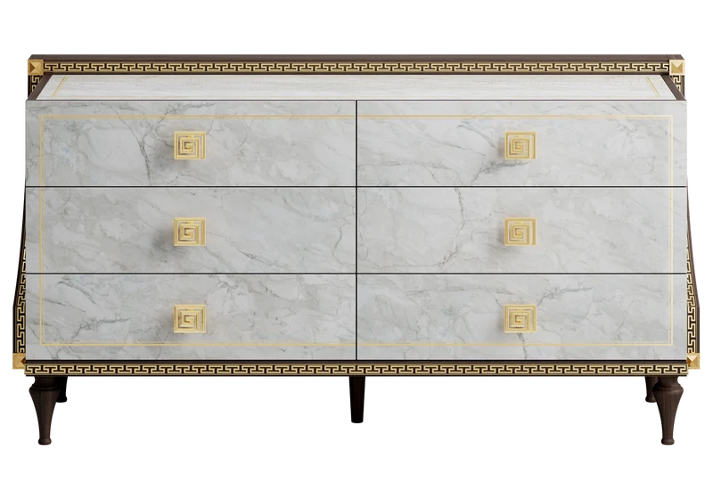 Commode 6 tiroirs marbre noyer et or 24K - Romantica