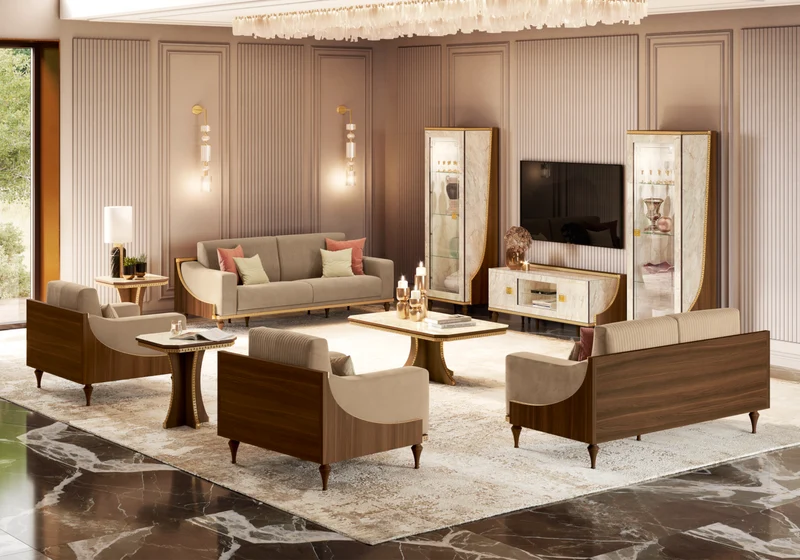 Ensemble meuble TV et 2 vitrines marbre noyer et or 24K - Romantica