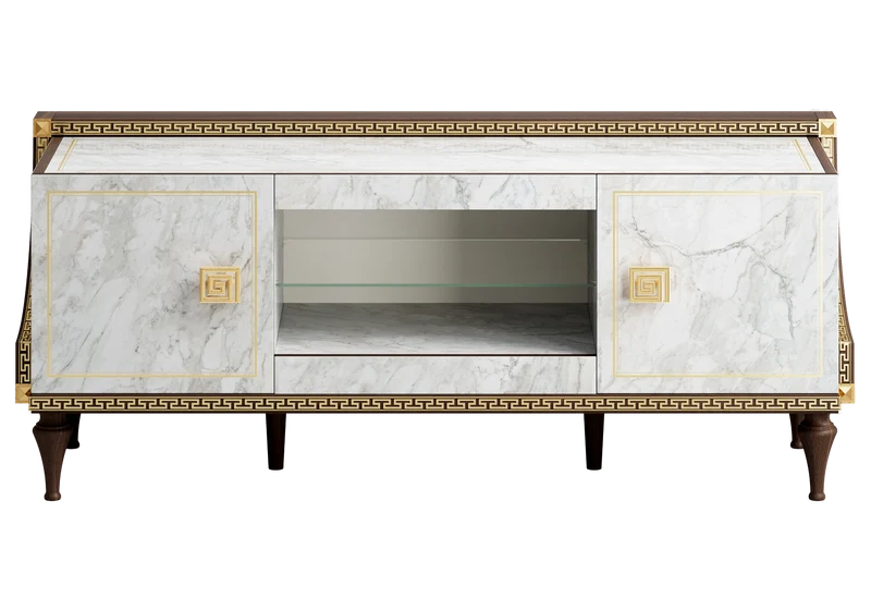 Ensemble meuble TV et 2 vitrines marbre noyer et or 24K - Romantica