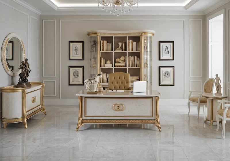 Bureau de direction effet marbre ivoire et or - Melodia