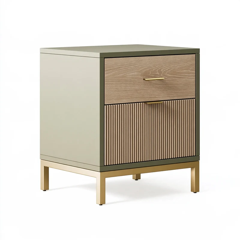 Table de chevet 50 x 40 x 60 cm en bois brun et vert kaki avec tiroirs style contemporain