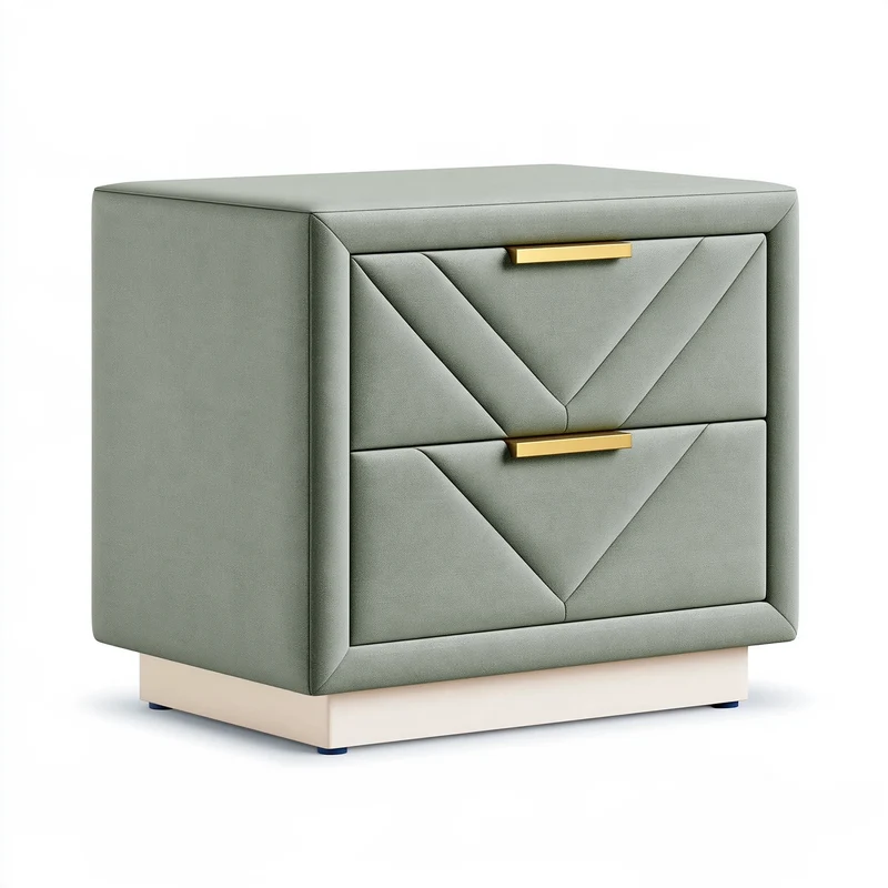 Table de chevet 50 x 40 x 55 cm en tissu vert sauge à 2 tiroirs style contemporain