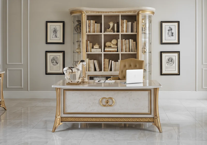 Bureau de direction effet marbre ivoire et or - Melodia