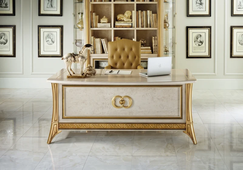 Bureau de direction effet marbre ivoire et or - Melodia