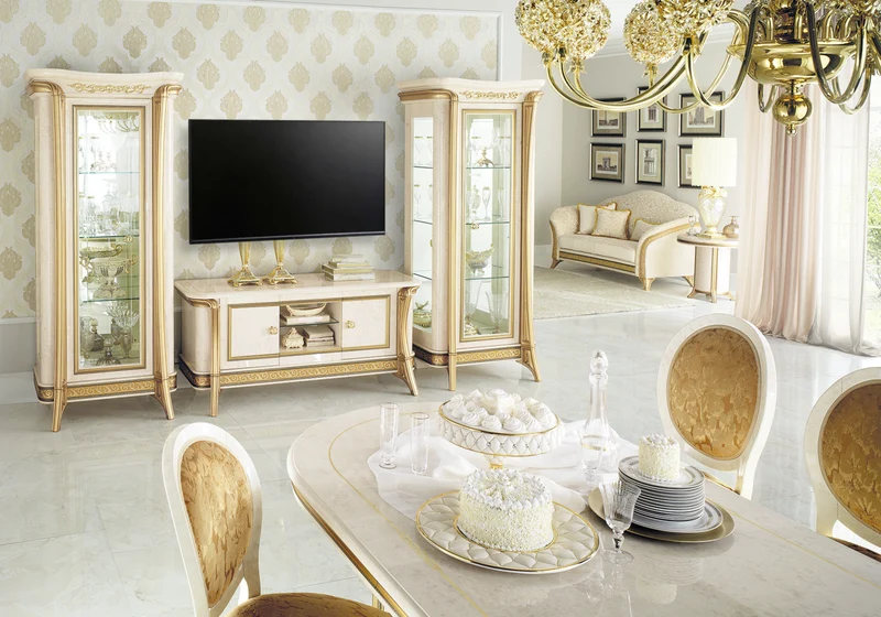 Ensemble meuble TV et vitrines marbre ivoire et or - Melodia