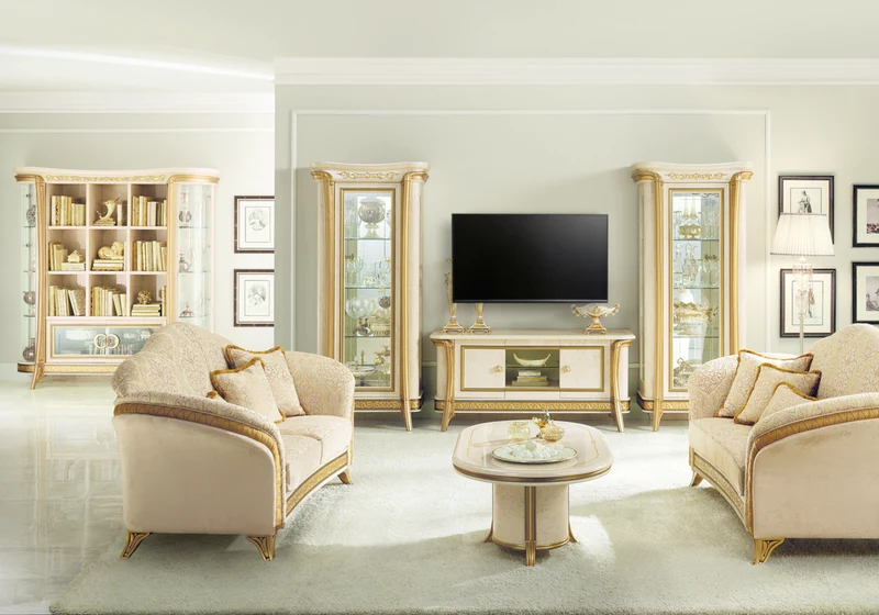 Ensemble meuble TV et vitrines marbre ivoire et or - Melodia