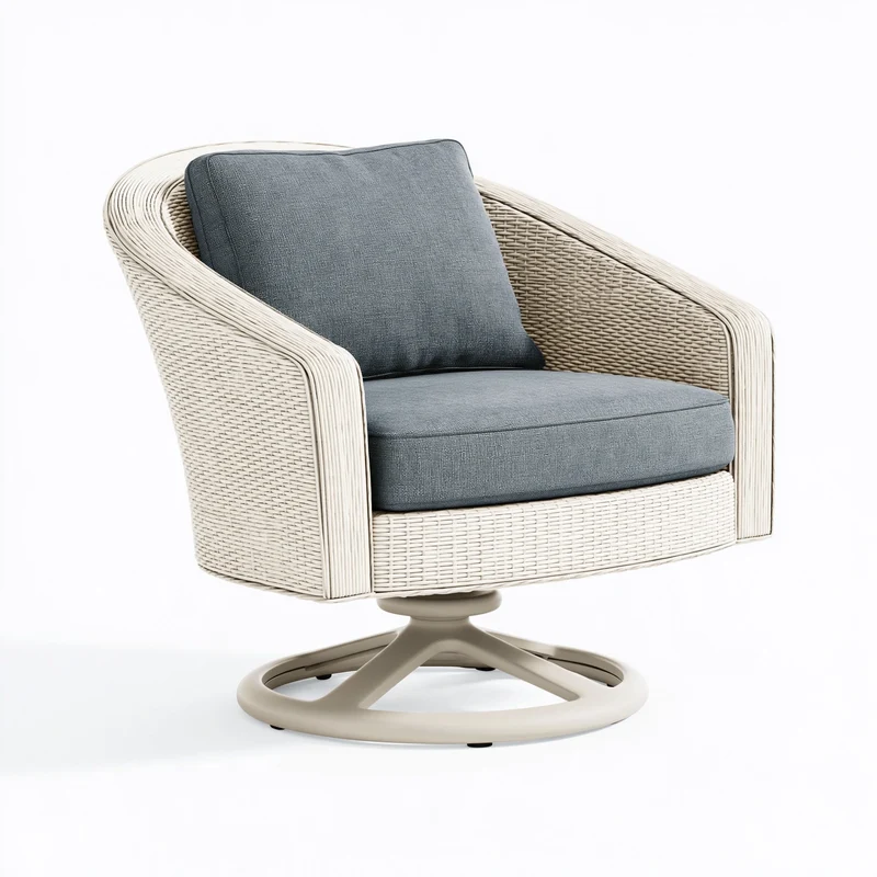 Fauteuil pivotant 78 x 80 x 88 cm en rotin tressé beige avec assise grise pour salon