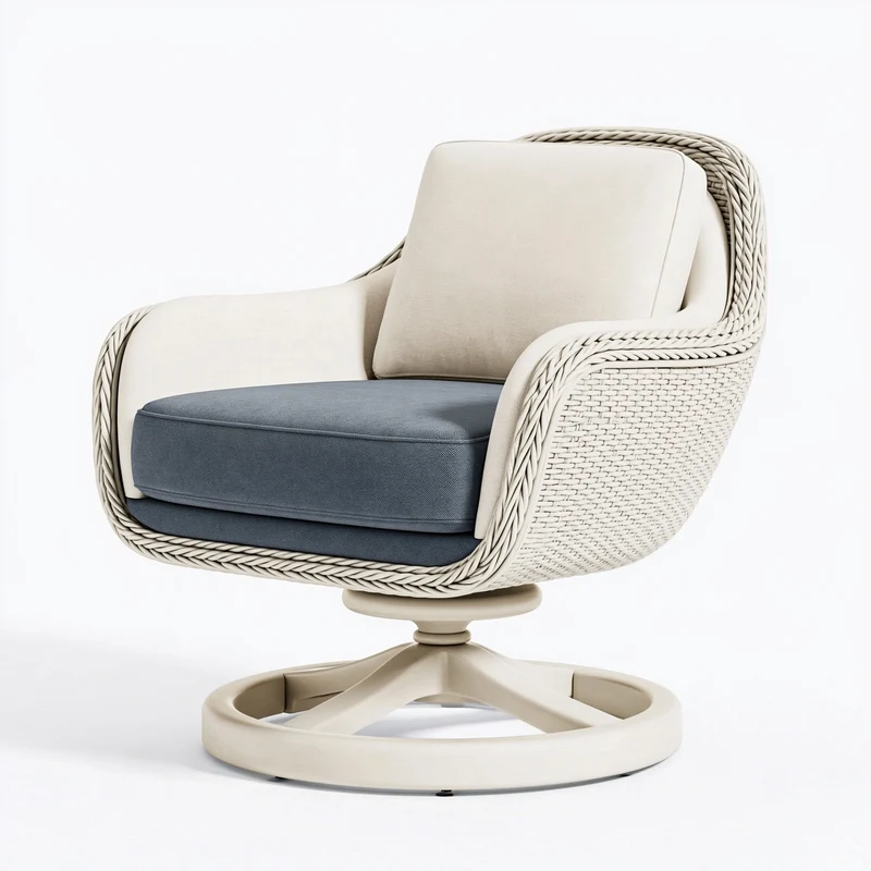 Fauteuil pivotant 82 x 80 x 92 cm en fibres tressées beige et coussins gris style contemporain