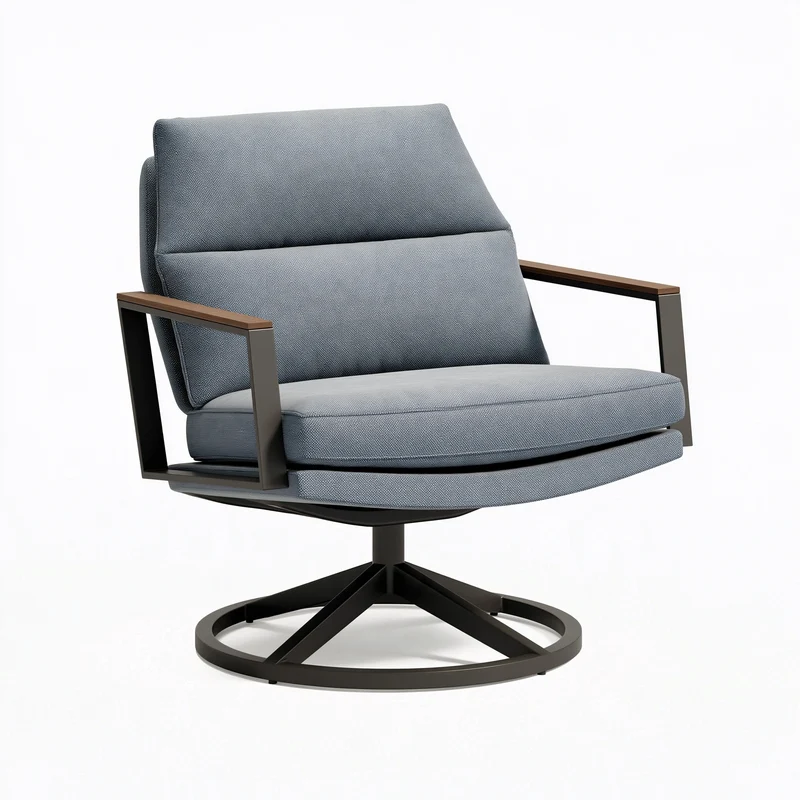 Fauteuil pivotant 76 x 82 x 92 cm en tissu gris avec structure métallique et accoudoirs en bois style contemporain