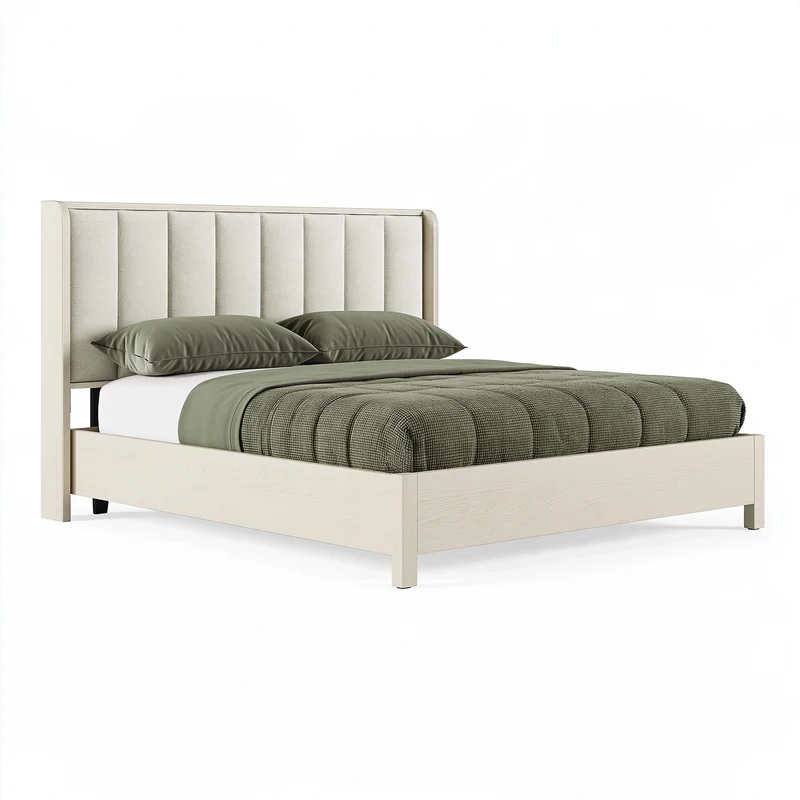 Lit double 160 x 200 cm en bois blanc cassé avec tête de lit rembourrée style contemporain
