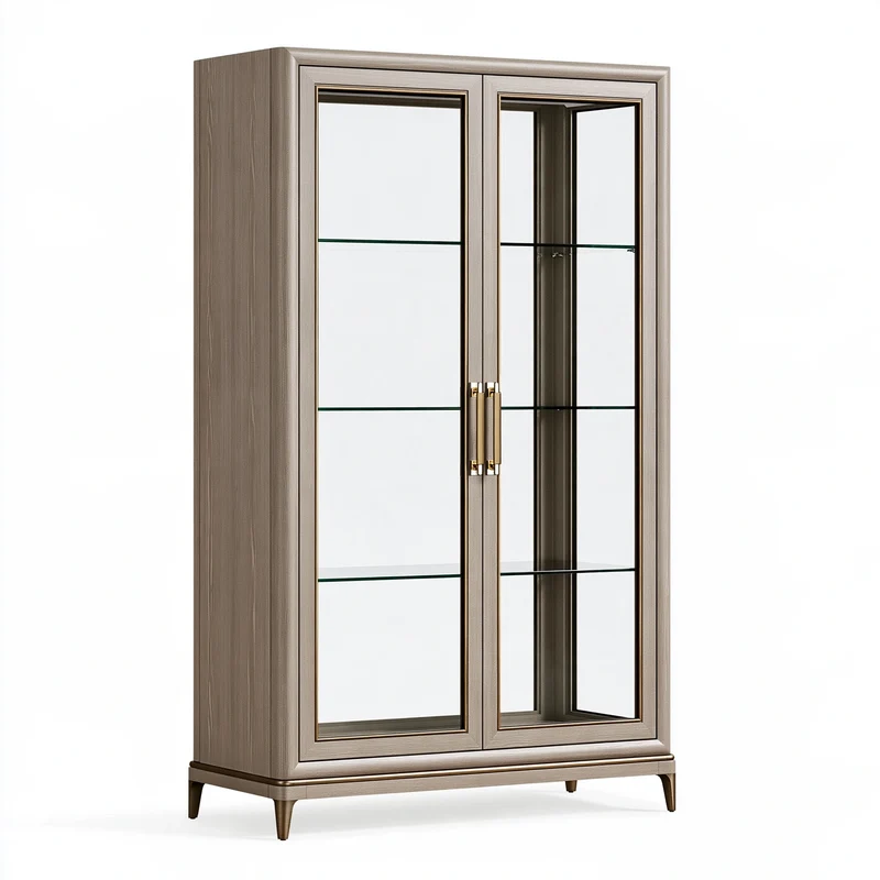 Vitrine 100 x 45 x 200 cm en panneaux aspect bois taupe et verre style classique à 2 portes