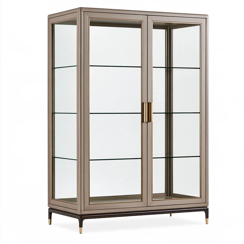 Vitrine 100 x 45 x 190 cm en bois et verre taupe style contemporain