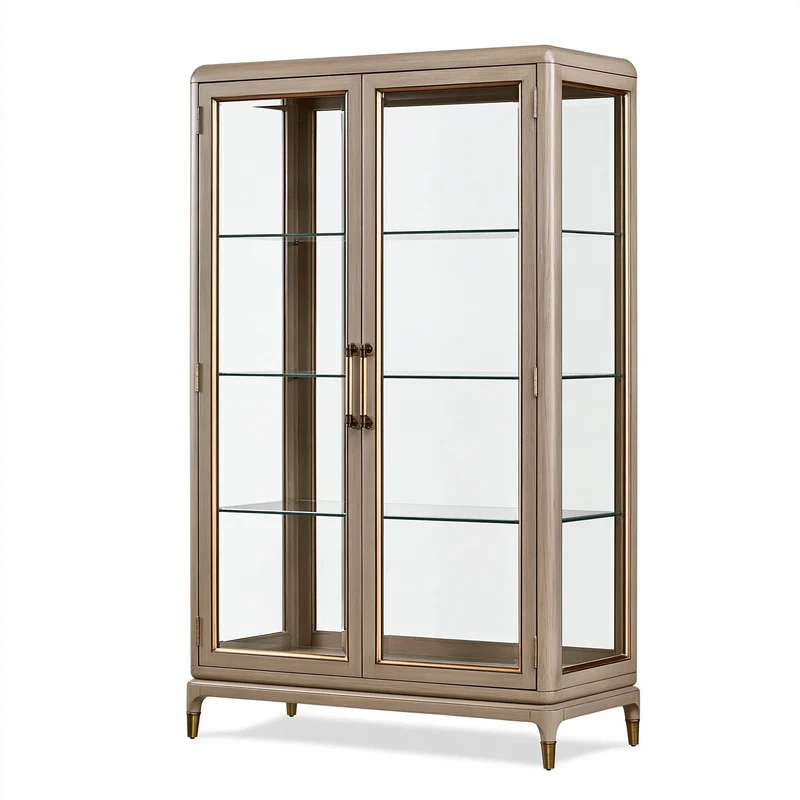 Vitrine 100 x 45 x 190 cm en bois et verre beige style classique à portes vitrées