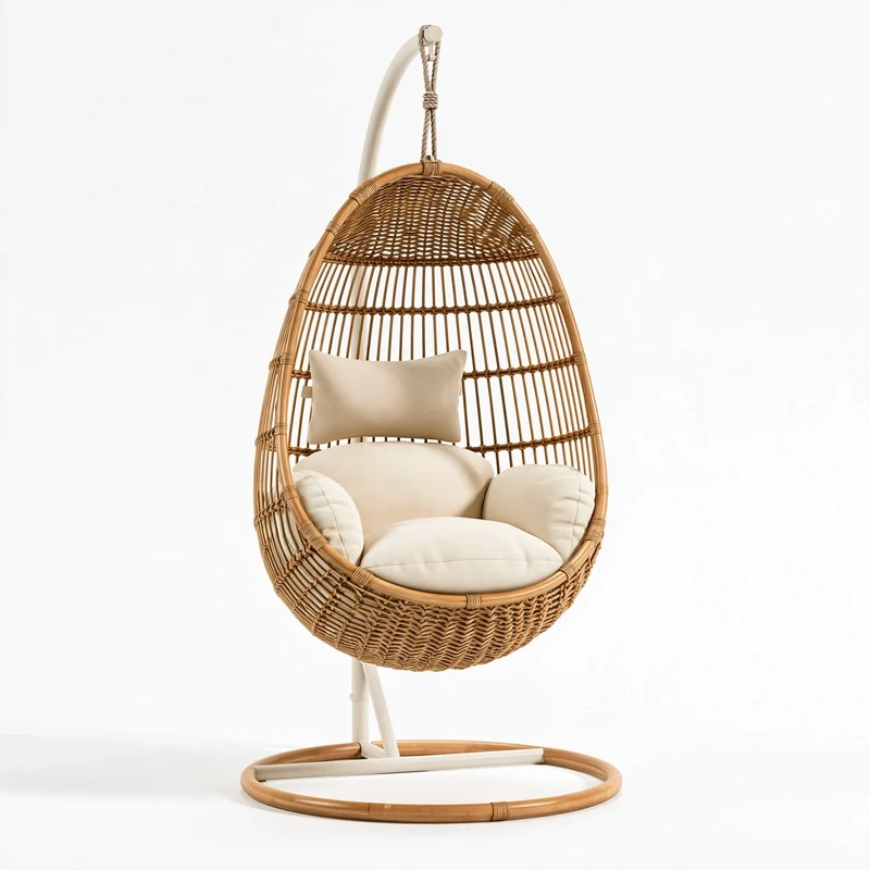 Fauteuil suspendu 105 x 105 x 195 cm en rotin brun avec support blanc style bohème
