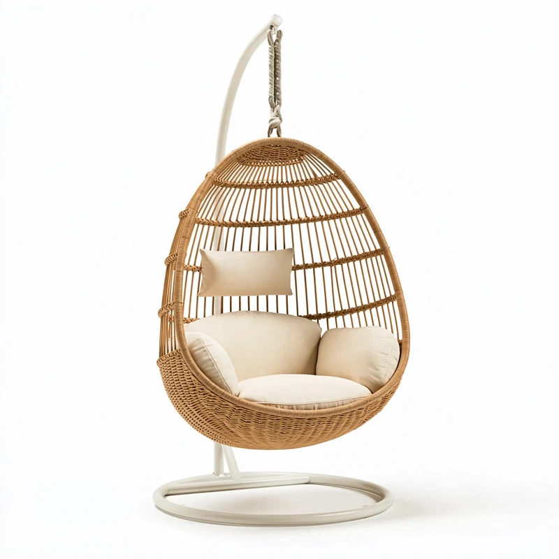 Fauteuil suspendu 100 x 100 x 200 cm en rotin naturel beige avec support métallique style bohème