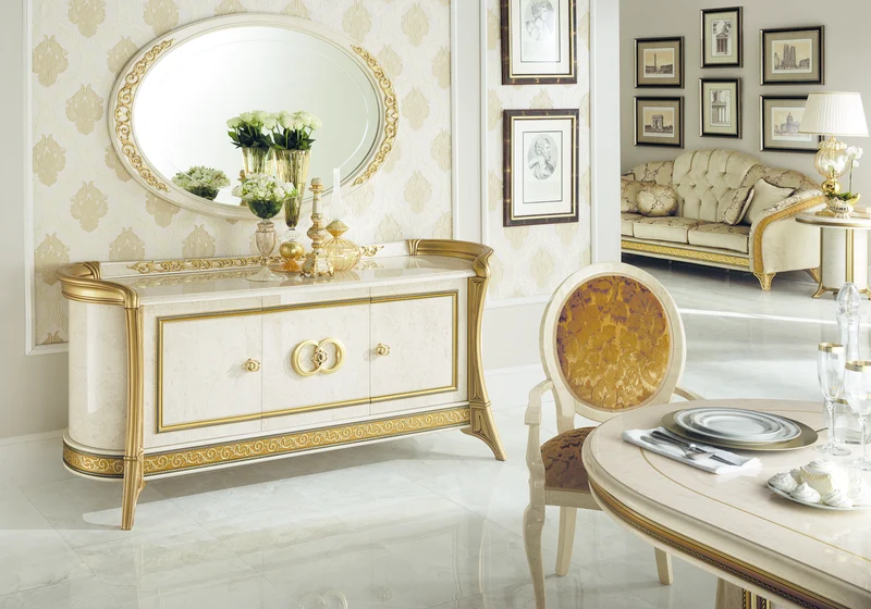Grand miroir mural ovale cadre ivoire et or – Melodia