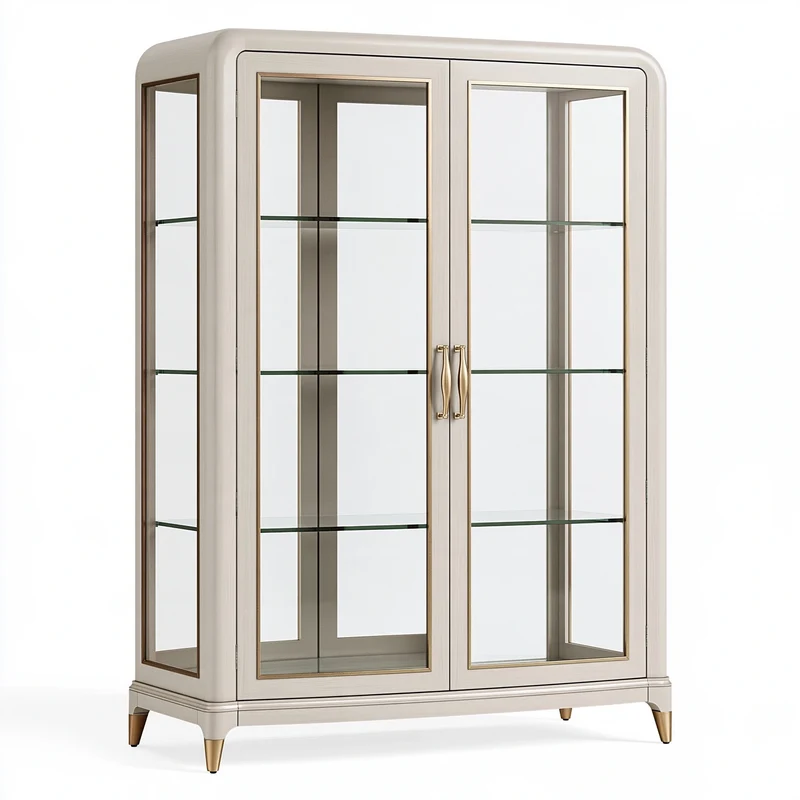 Vitrine 120 x 45 x 190 cm en bois et verre blanc crème style classique avec portes