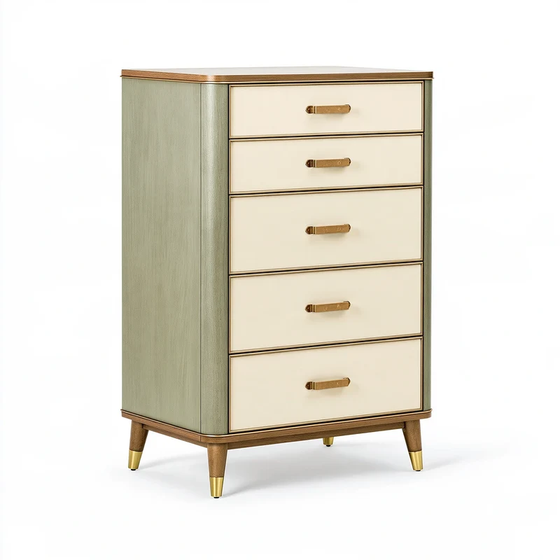 Commode 80 x 45 x 120 cm en bois vert sauge et crème avec 5 tiroirs style rétro