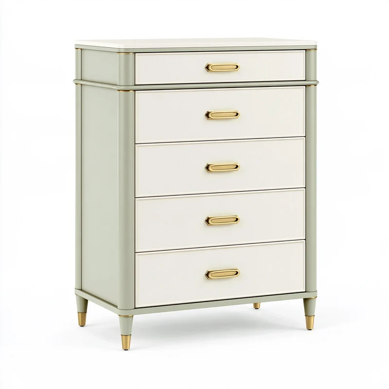 Commode 80 cm 45 cm 120 cm en panneaux de bois blanc ivoire et vert sauge à 5 tiroirs style contemporain