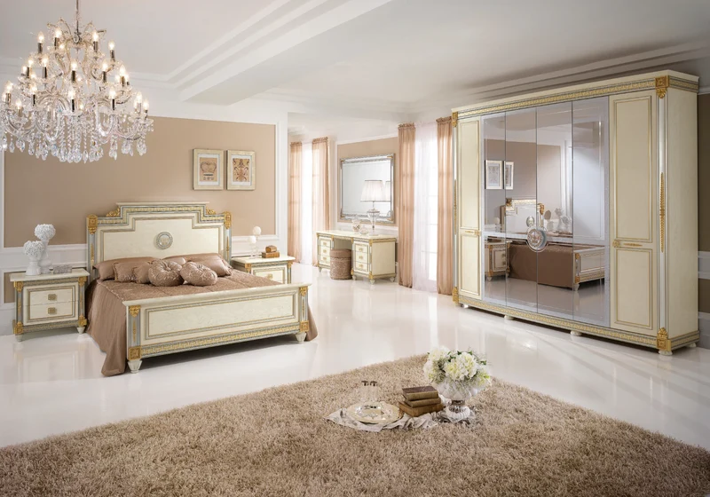Armoire 6 portes blanc laqué et doré avec miroirs - Liberty