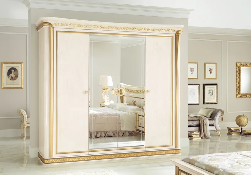 Armoire 4 portes miroir effet marbre ivoire et or - Melodia