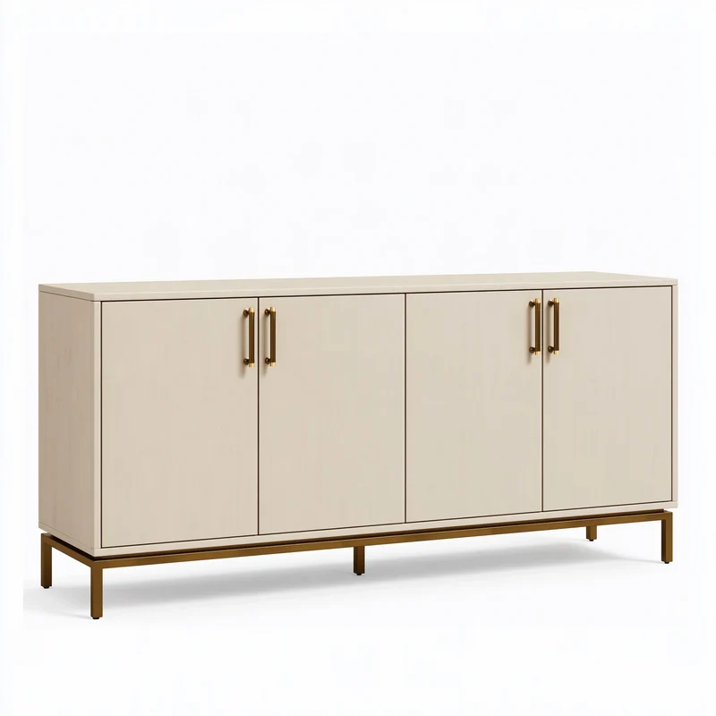 Buffet 180 x 45 x 90 cm en bois beige et métal doré - rangement 4 portes style contemporain