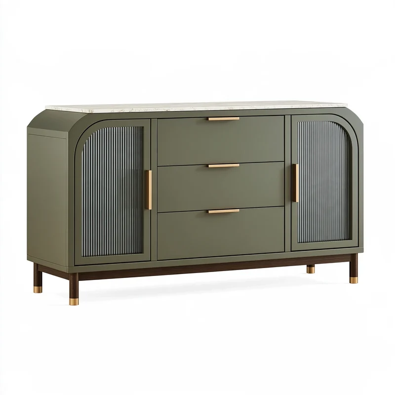 Buffet 160 x 45 x 90 cm en bois vert olive avec rangement et plateau aspect marbre