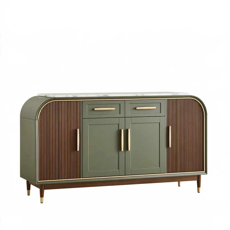 Buffet 160 x 45 x 90 cm en bois vert olive et brun avec plateau aspect marbre style Art déco