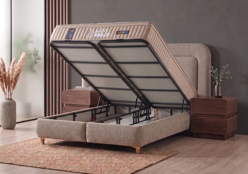 Lit coffre intégré tissu chenille taupe - Enzo