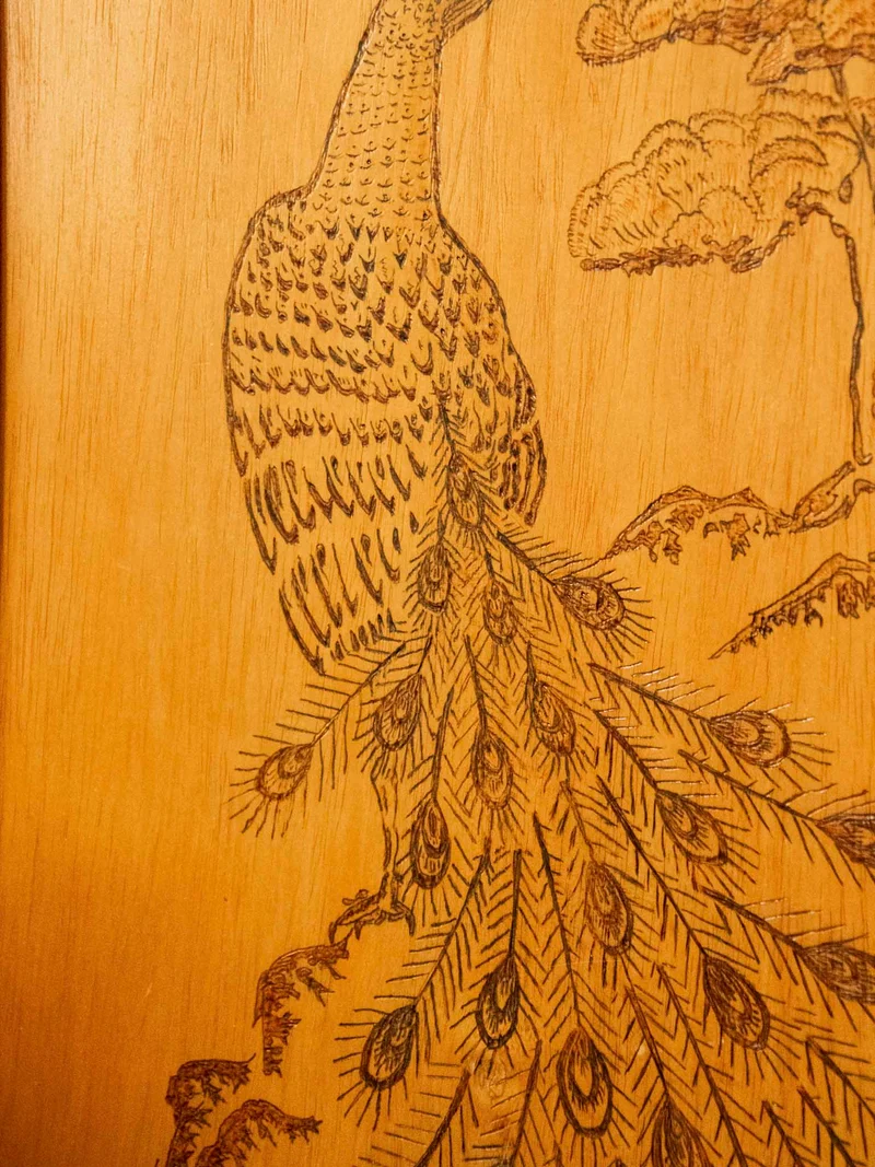 Noah, le panneau mural pyrogravé orné d'un paon N°35
