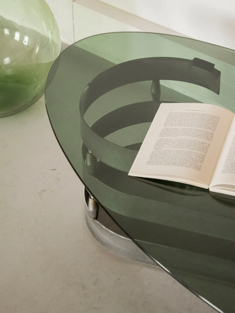 Donna, la table basse en verre fumé et inox N°1546