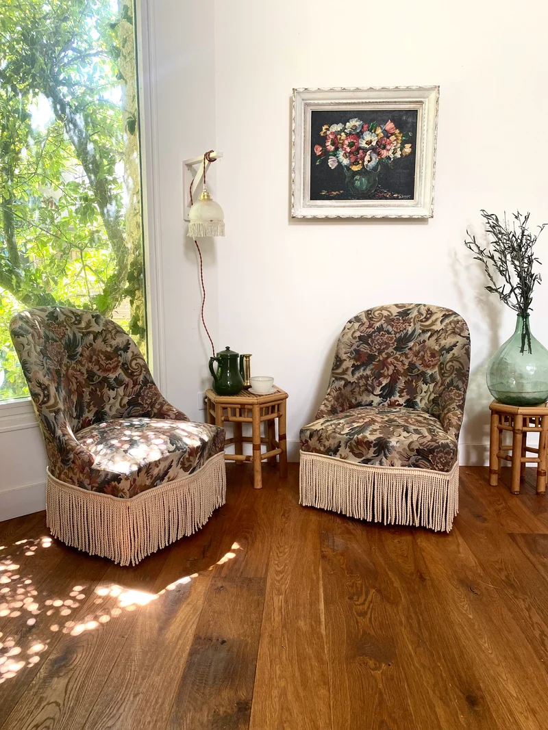 Paire de fauteuils crapaud ancien en tapisserie