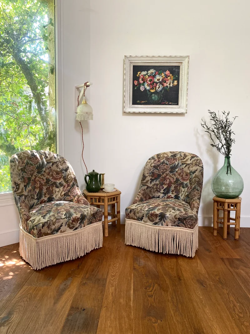 Paire de fauteuils crapaud ancien en tapisserie