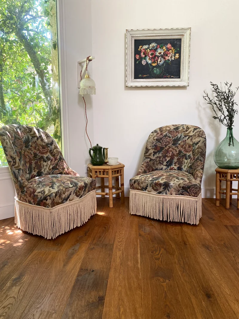 Paire de fauteuils crapaud ancien en tapisserie