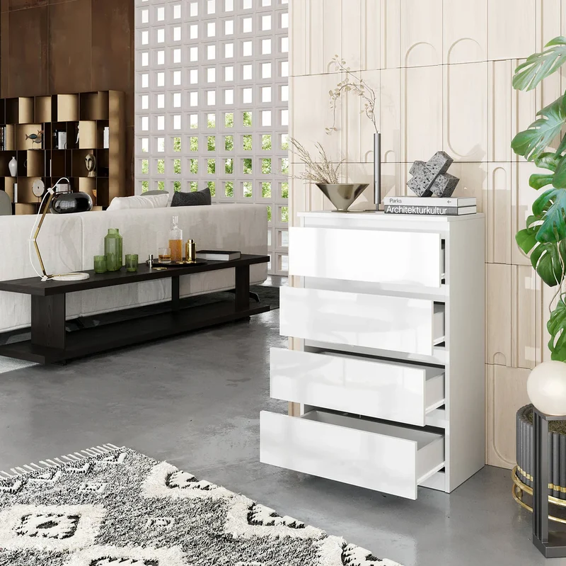GABRIEL - Commode 4 Tiroirs - Table de Chevet Buffet - H92cm L60cm P33cm (Blanc Mat / Blanc Brillant)