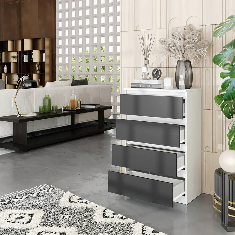 GABRIEL - Commode 4 Tiroirs - Table de Chevet Buffet - H92cm L60cm P33cm (Blanc Mat / Anthracite)