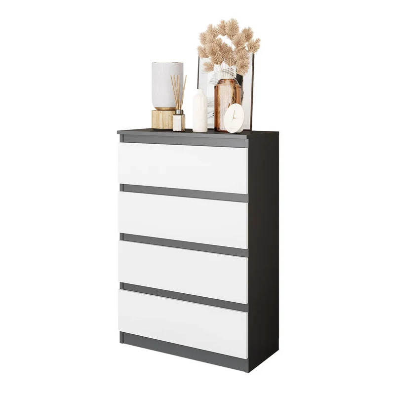 GABRIEL - Commode 4 Tiroirs - Table de Chevet Buffet - H92cm L60cm P33cm (Anthracite / Blanc Mat)